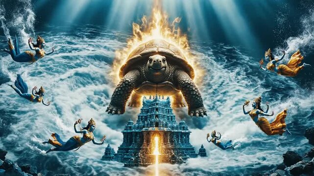 Mystical turtle emerging from ocean with temple and divine beings