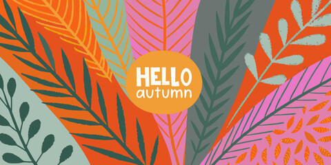 A colorful autumn greeting with overlapping tropical and fall foliage © Rubel