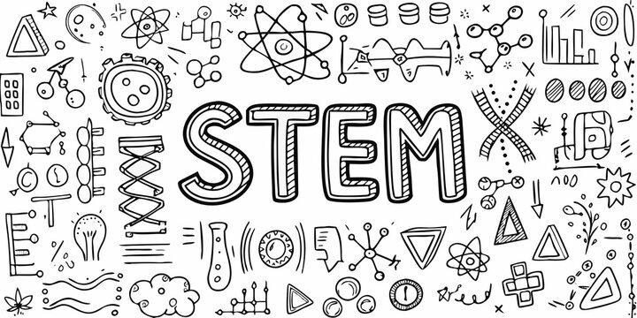 A whimsical black and white doodle illustration representing stem fields