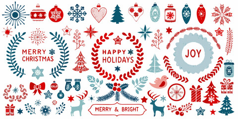 Festive collection of hand drawn christmas ornaments and holiday greetings © Rubel