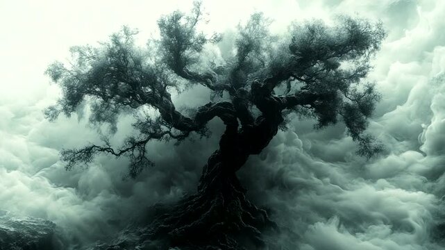 Dark and twisted tree emerging from swirling misty clouds in a surreal landscape