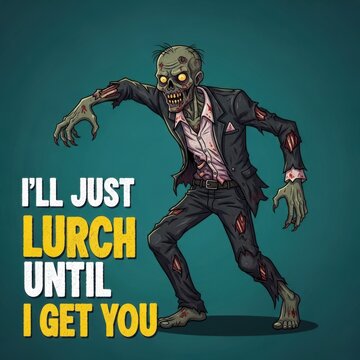 Zombie in suit and tie lurching forward with text