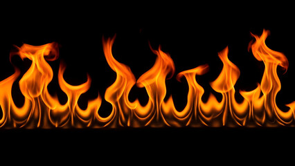 A row of vibrant flames rising from the bottom edge against a dark background viewed from the front
