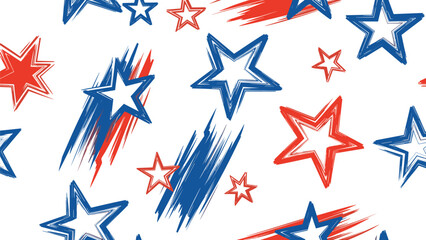 Obraz premium American patriotic seamless pattern with red and blue stars in a distressed brush stroke style on a white background.