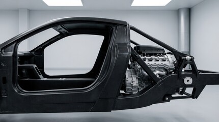 Obraz premium Exposed Carbon Fiber Car Chassis with Engine in Modern Indoor Garage Setting