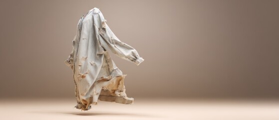 A digitally rendered, worn-looking garment, billowing in a light-filled studio. Soft light and space