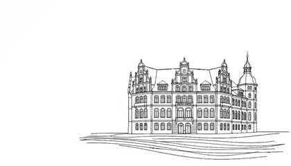 Obraz premium Detailed sketch of an ornate, multi-story building with gabled roofs and a tower