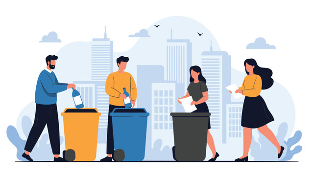 Citizens sorting different types of waste into colorful recycling bins in front of a modern city skyline for environmental help.