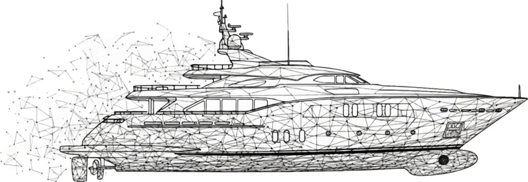 Wireframe luxury yacht in disarray with abstract mesh dissolving into particles
