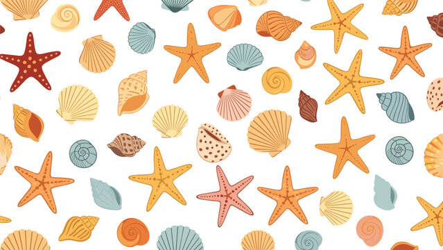Beautiful seamless background pattern featuring a variety of colorful seashells and starfish on a clean white surface.