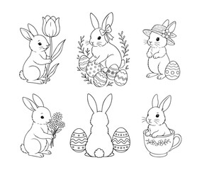 Cute Easter bunny set in hand drawn line art style. Adorable rabbits with eggs and spring flowers for holiday designs.