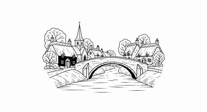 Quaint village scene with a stone bridge arching over a river, cottages with thatched roofs, and a church steeple