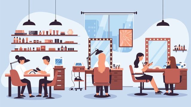 Busy beauty salon interior showing diverse professionals providing manicure and makeup services to female customers.