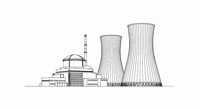Drawing of a nuclear power plant with a dome-shaped reactor and cooling towers