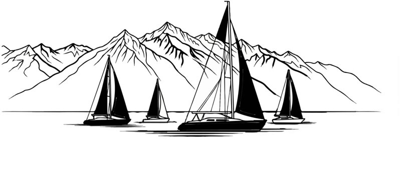 Four sailboats glide across calm water with majestic mountains in the background
