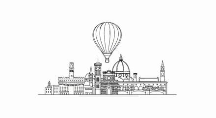 Stylized line drawing of a city skyline with a hot air balloon above