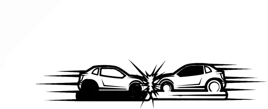 Two cars colliding head-on with abstract motion lines suggesting impact