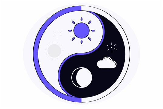 Day and night balance in yin yang symbol with sun, moon, cloud, and stars, representing time cycle for night shift concept. Vector icon