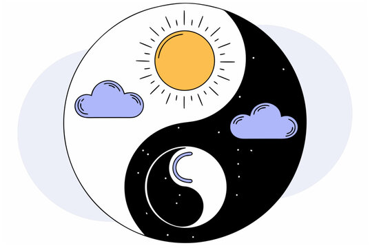 Day and night in yin yang symbol with sun, moon, and clouds illustration. Contrast of time for night shift or duality concept. Vector illustration