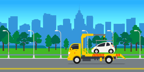 Naklejka premium truck evacuator towing electric car city road street vector illustration 