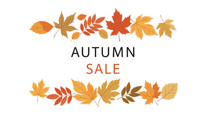 Fototapeta premium Autumn sale banner design featuring a decorative border of various colorful fall leaves on a white background with clean text.