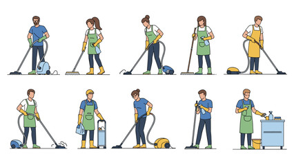 Fototapeta premium Collection of various male and female cleaning professionals in aprons and gloves using vacuum cleaners, mops, and sprays to clean.