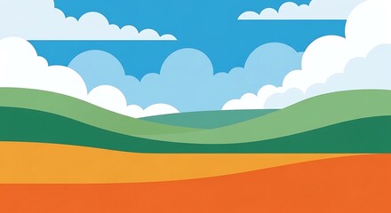 Obraz premium Stylized landscape with rolling green hills, an orange foreground, and a cloudy blue sky
