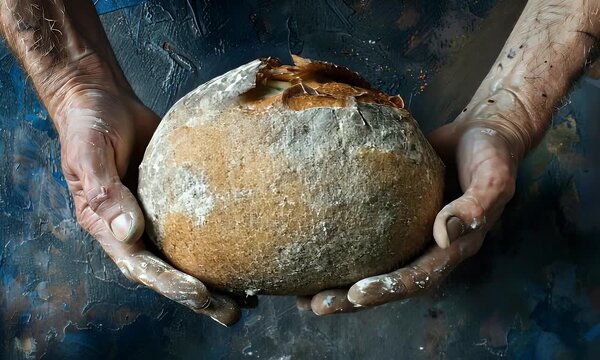 A baker's hands covered in flour gently cradle a rustic, crusty loaf, showcasing skill and care.