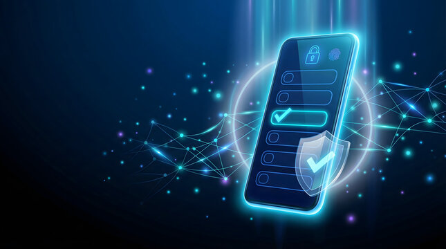 modern digital illustration of a smartphone with glowing blue interface and security shield icon on a dark background representing mobile data protection and cyber security