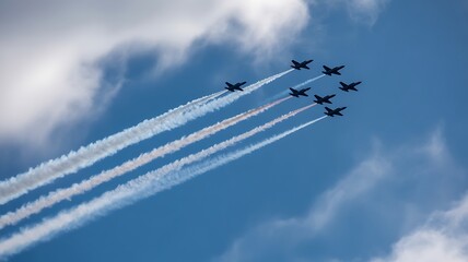 Precision flight team performs aerial maneuvers in clear skies with smoke trails.