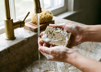 Obraz premium a chunky, artisanal bar of natural soap under running water, organic hygiene