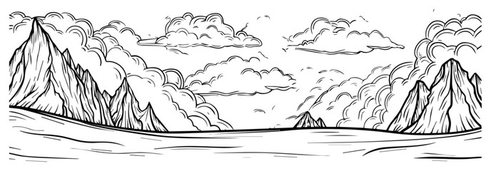 Fototapeta premium Panoramic Mountain Landscape Hand Drawn Sketch Vector, Scenic Nature Peaks and Clouds Ink Drawing Illustration