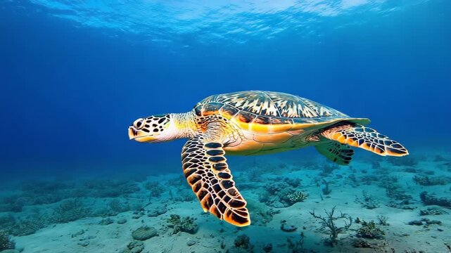 Sequence of a majestic green sea turtle swimming in the clear blue ocean. Marine reptile gliding over a sandy seabed in its natural habitat. Underwater wildlife conservation concept