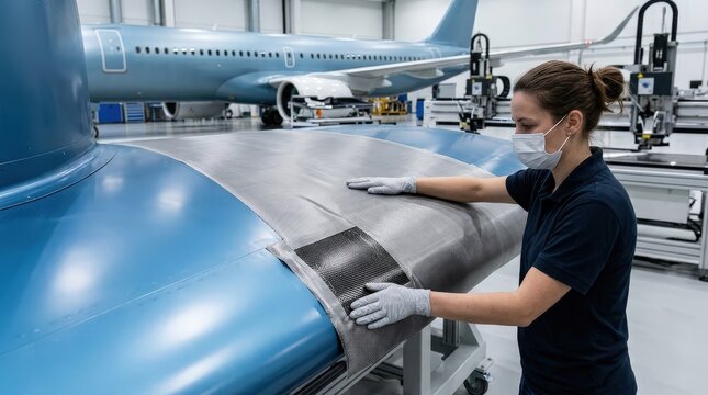 Aircraft maintenance technician inspecting composite wing section in modern aerospace facility