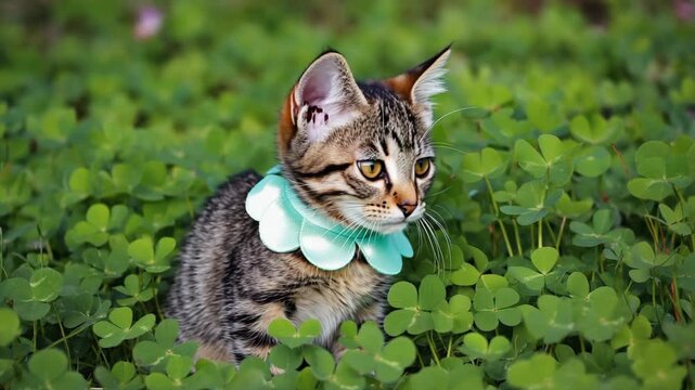 Adorable tabby kitten wearing a cute flower collar sits in a vibrant green clover patch. Composite banner showing a sequence of a curious young cat exploring the outdoors