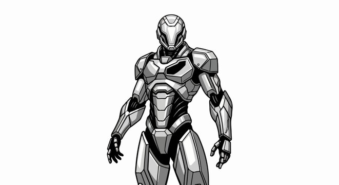 A sci-fi powered suit of armor stands ready, metallic sheen, futuristic design