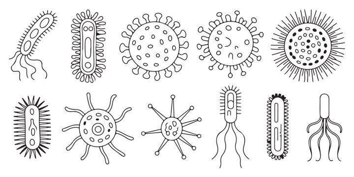 Set of line art icons featuring various bacteria and viruses, perfect for medical and science designs