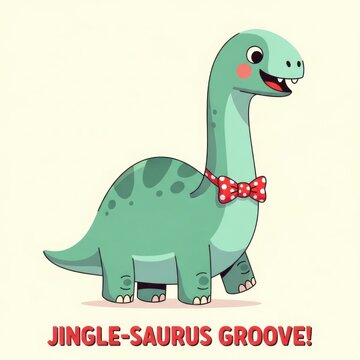 Cartoon dinosaur wearing bow tie, standing alone, Jingle-Saurus Groove, vector flat illustration
