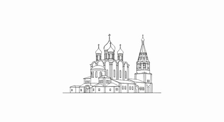 Fototapeta premium Stylized line art sketch of a large church with multiple domes and a bell tower