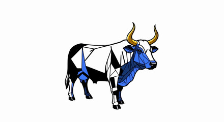 Obraz premium Geometric stylized bull with white, black, and blue segmented body and golden horns