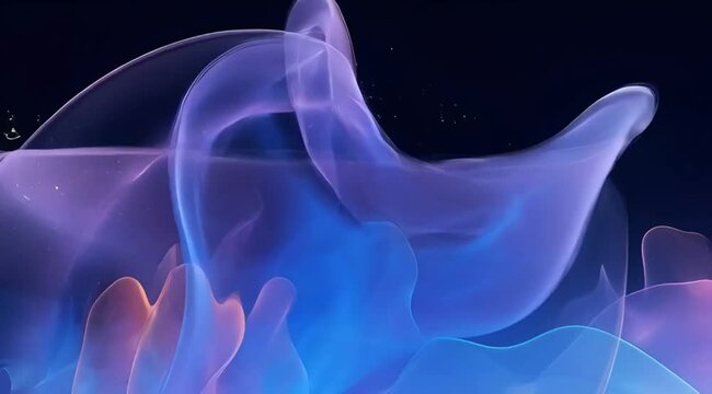 Smooth flowing translucent blue orange and pink forms agnst a dark background with subtle light effects