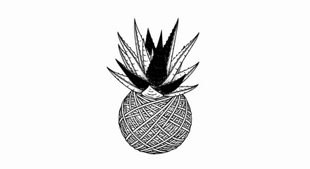 Obraz premium Hand-drawn graphic of a pineapple with a textured ball body and spiky leaves