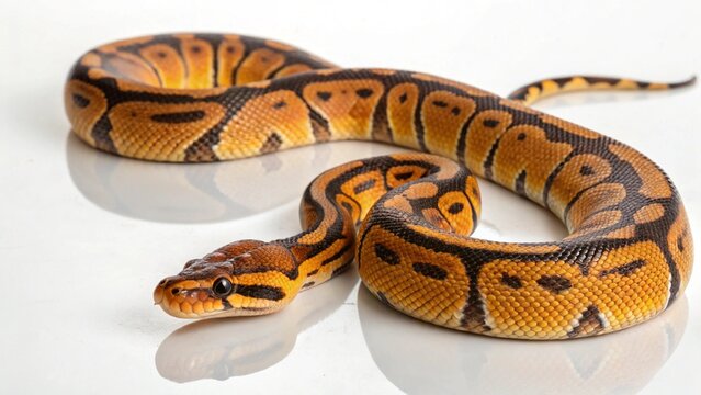 Studio portrait of a vibrant Orange Dream morph Ball Python (Python regius) isolated on a clean white background.