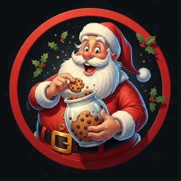 Santa Claus cartoon character eating cookies from jar in red circle with holly leaves