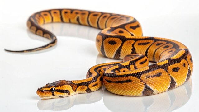 Studio portrait of a vibrant Orange Dream morph Ball Python (Python regius) isolated on a clean white background.