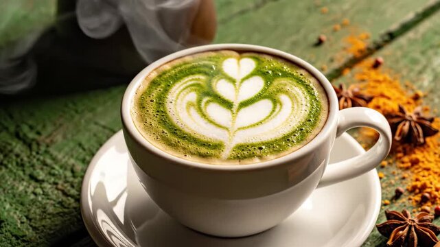 Green matcha latte with spices on rustic wooden table