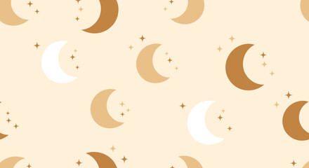 Bohemian Crescent Moon and Stars Pattern - Seamless Celestial Background