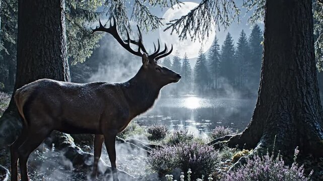 Serene forest lakeside twilight scene with towering pines and mist