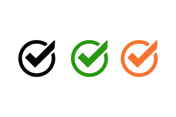 Check mark icons set with circular outline, black green orange approval symbols for UI buttons, validation and success status © Jibongfx