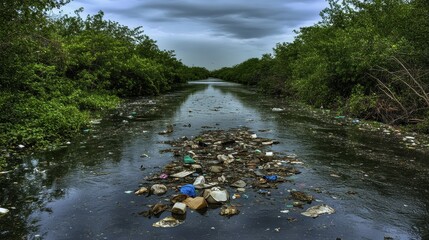 Fototapeta premium Accumulated floating trash and debris clogging the surface of a polluted river surrounded by lush green trees and under a dramatic sky.